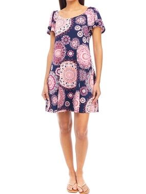 Signature by Robbie Bee Navy and Pink Medallion Swing Dress